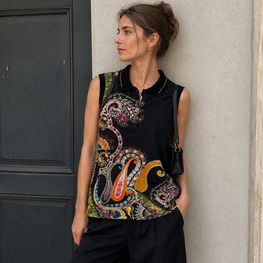 Etro Milano Paisley Sleeveless Polo Top Black Multicolor Knit Shirt Italy 42